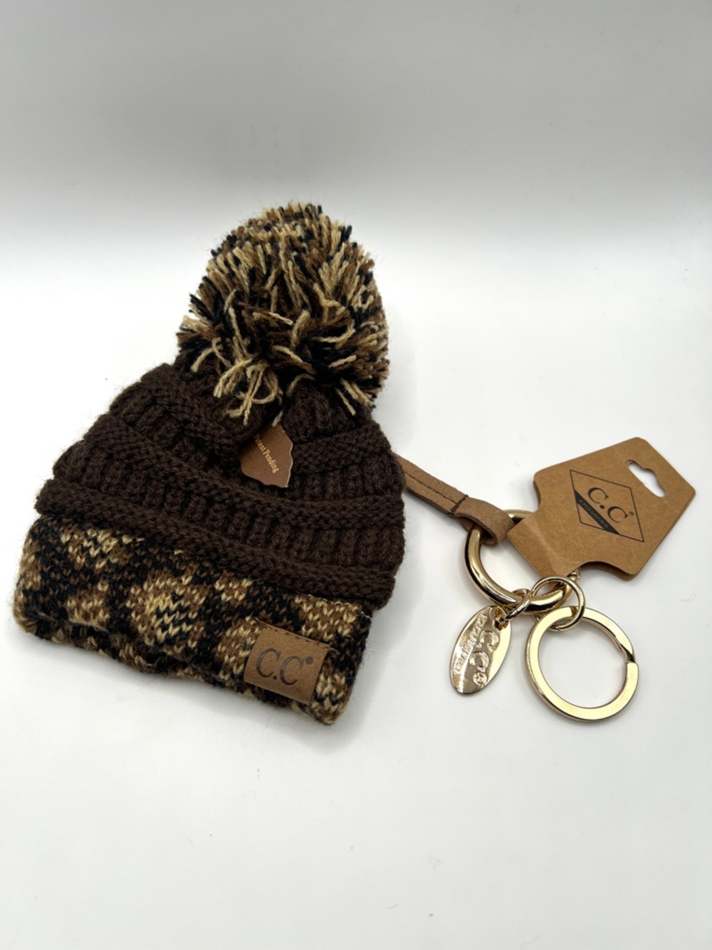 C.C Pom Pom Beanie Keychain - Brown & Tan NWT
